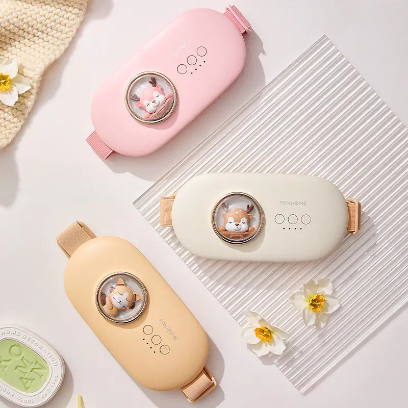 Three cute, cartoonish travel cases in pink, beige, and white on a light surface with flowers.