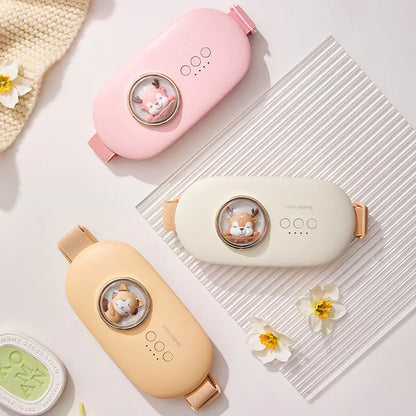 Three cute, cartoonish travel cases in pink, beige, and white on a light surface with flowers.
